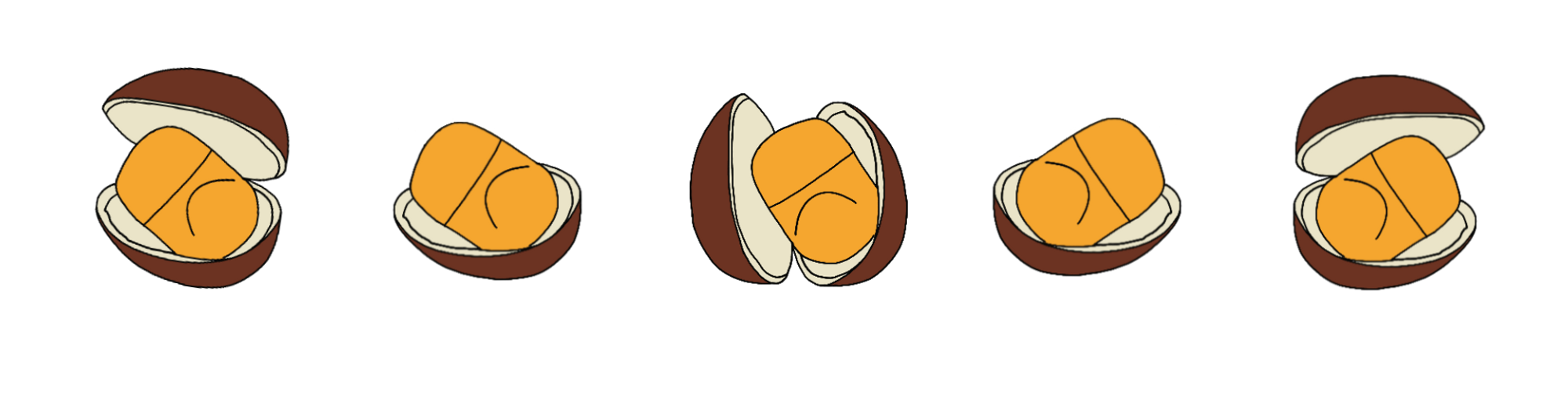 Dette er en illustrasjon av fem sjokoladeegg. De er delt i to, slik at man ser en gul kjerne. (Bildebeskrivelsen er laget av en KI-tjeneste)