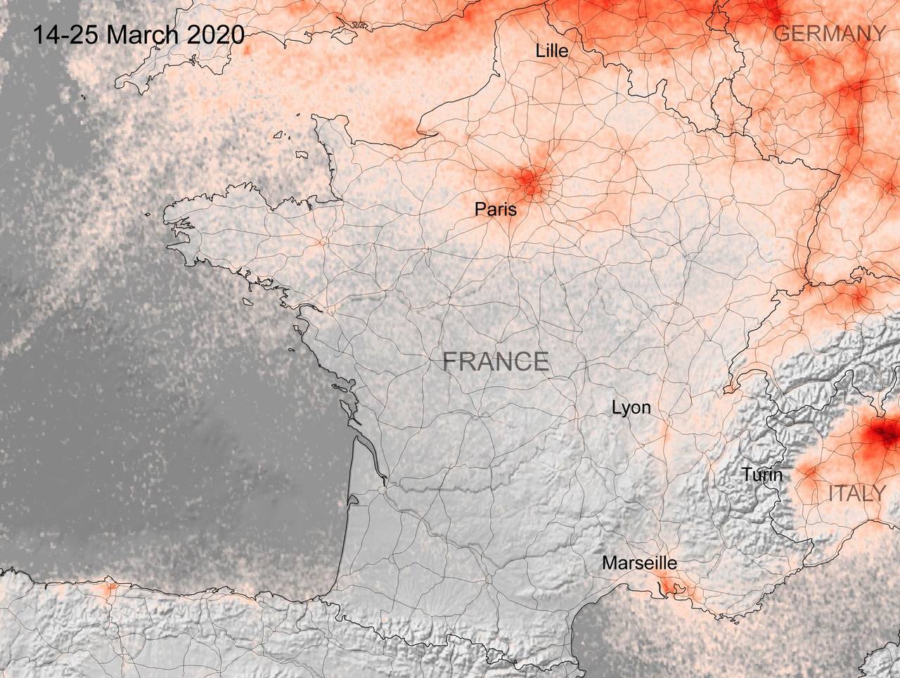 Kart fra ESA som viser konsentrasjonen av NOx-gasser i Frankrike i perioden 14.-25. mars 2020