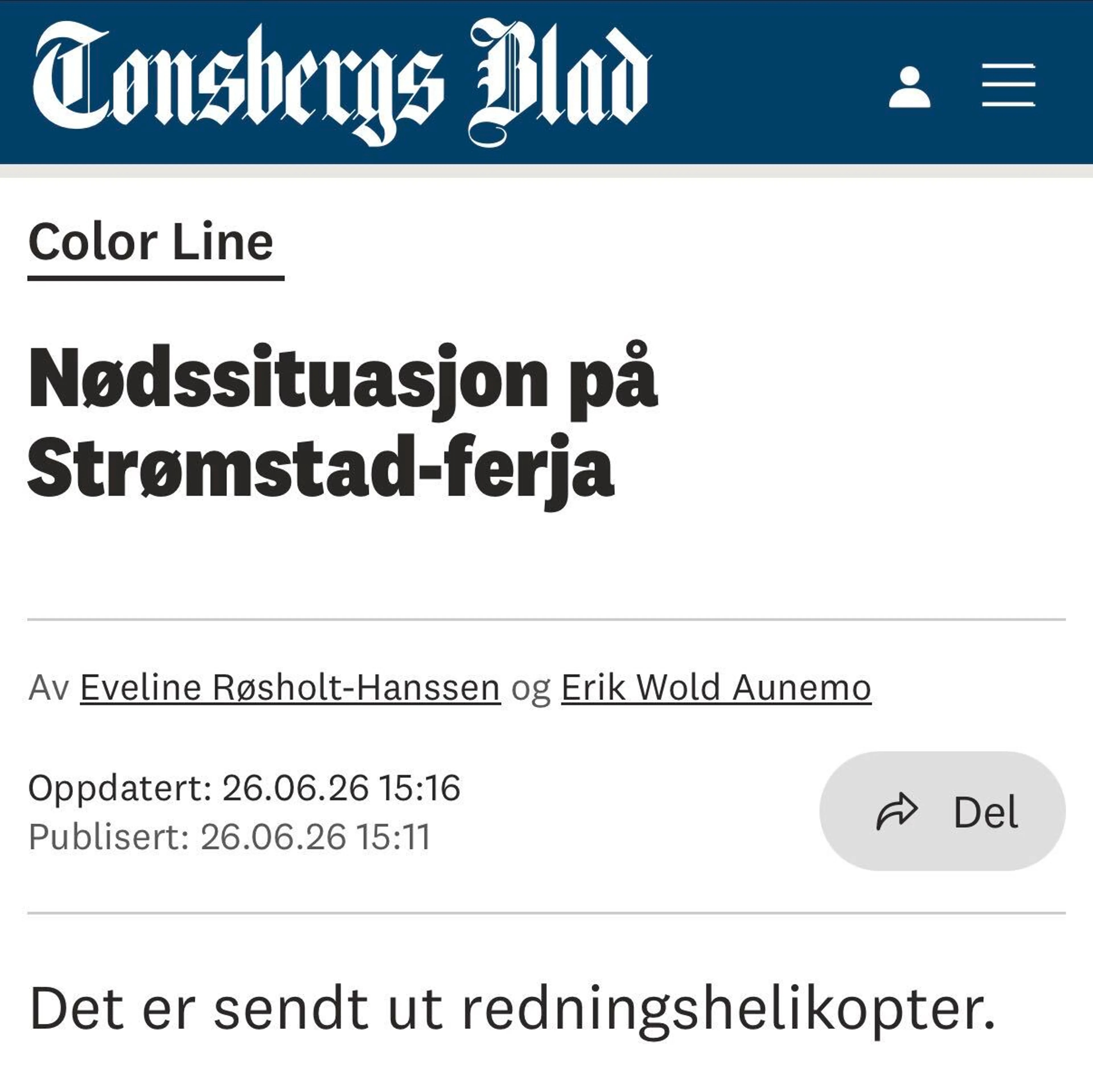 skjermdump fra lokalpresse om nødsituasjon på Color Line