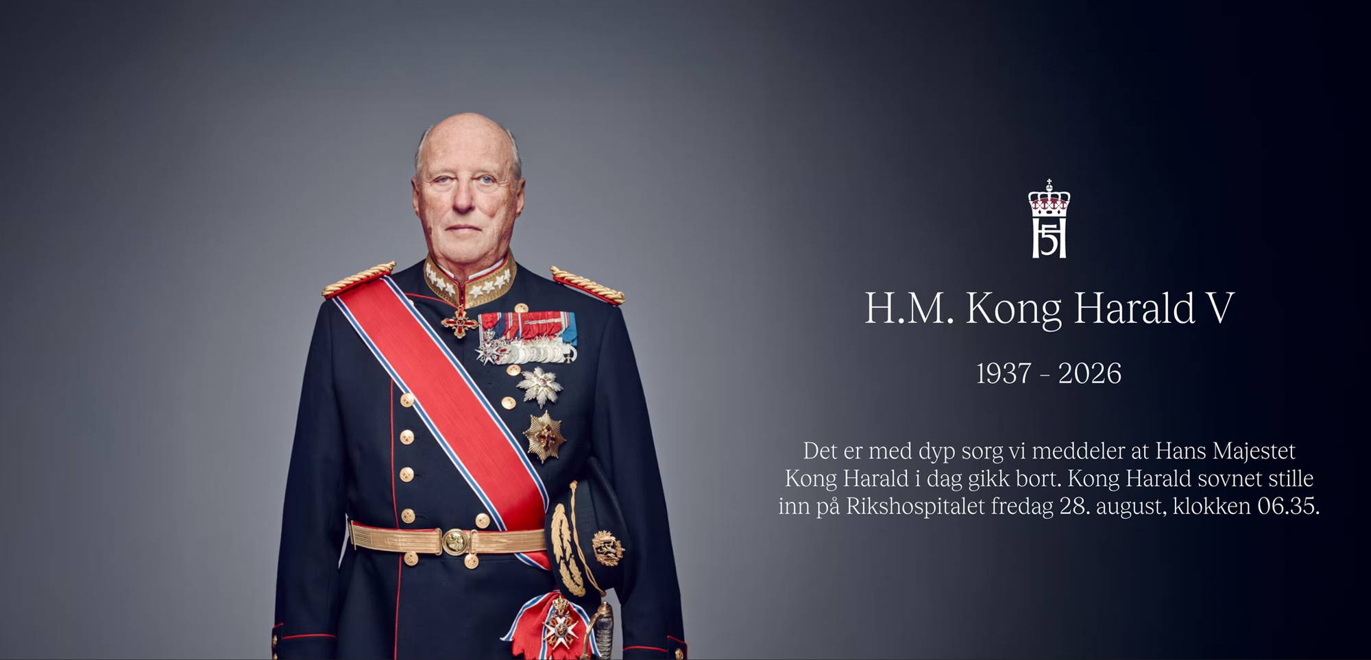 Illustrasjon av Kong Harald V i uniform med tekst om hans bortgang. (Bildebeskrivelsen er laget av en KI-tjeneste)