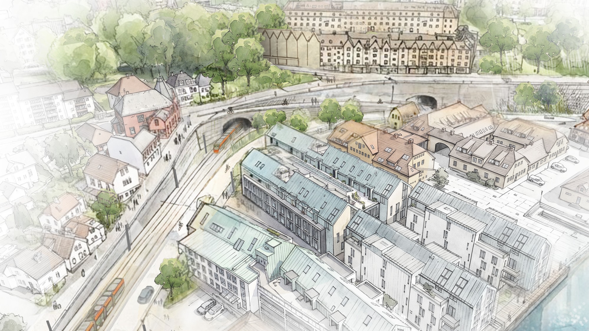 Illustrasjonen viser hvordan bybanen kan se ut i Sjøgaten i Sandviken, der den kommer ut fra tunnelen