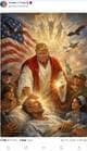 Donald Trump / Truth Social Eit bilete frå Trump sine sosiale medium. Biletet viser Trump som ein Jesus-figur som kurerer ein sjuk mann. Rundt han er det mange menneske som ser på. Trump er omringa av eit gyllent lys.