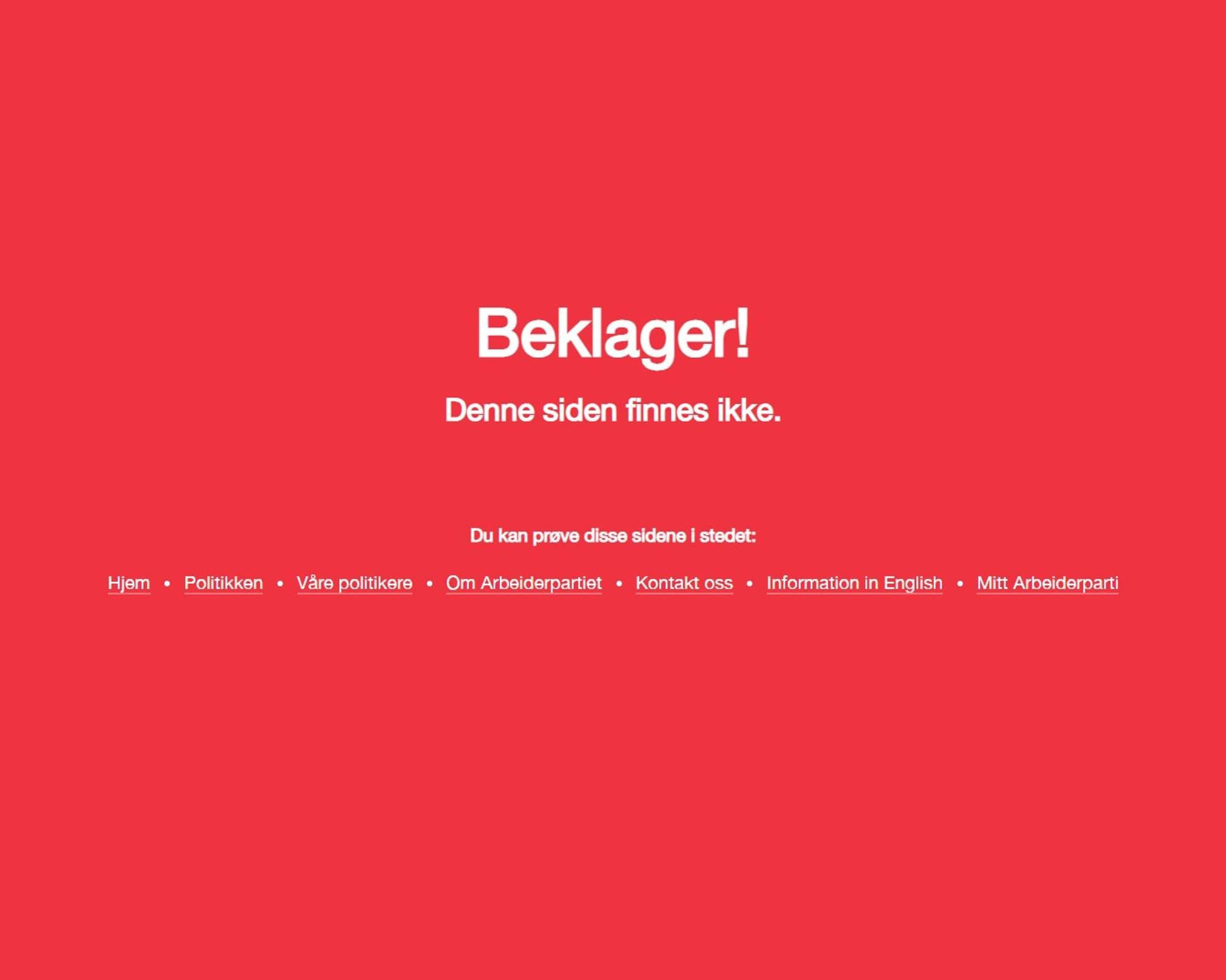 Skjermbilde av en nettside med rød bakgrunn med hvit tekst som skriver "Beklager!". 