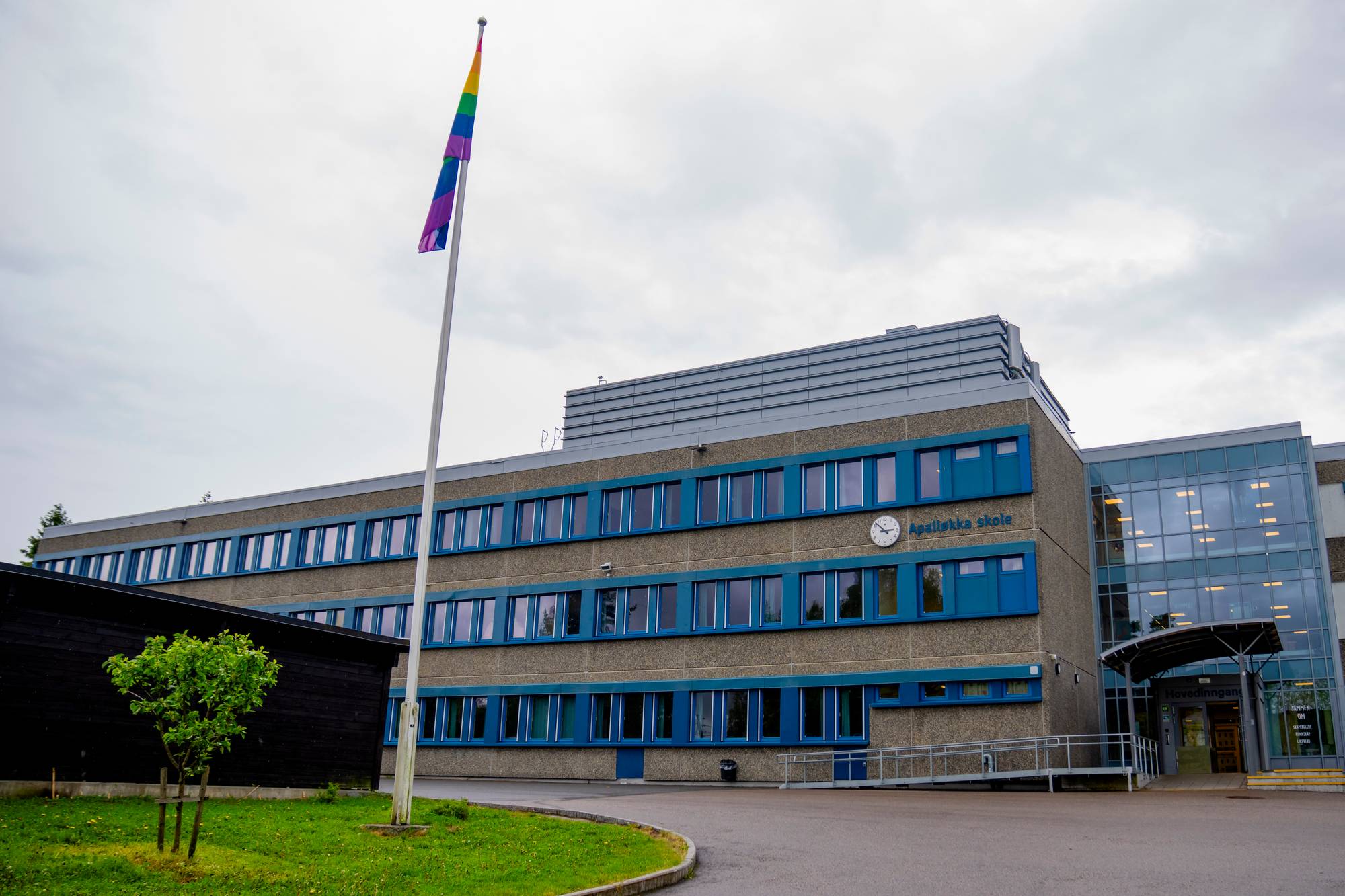 En regnbueflagg vaier fra en flaggstang utenfor Apalløkka skole i Oslo. Bygningen er lang og har mange vinduer. Til venstre for skolebygningen står en liten, mørk bygning. (Bildebeskrivelsen er laget av en KI-tjeneste)