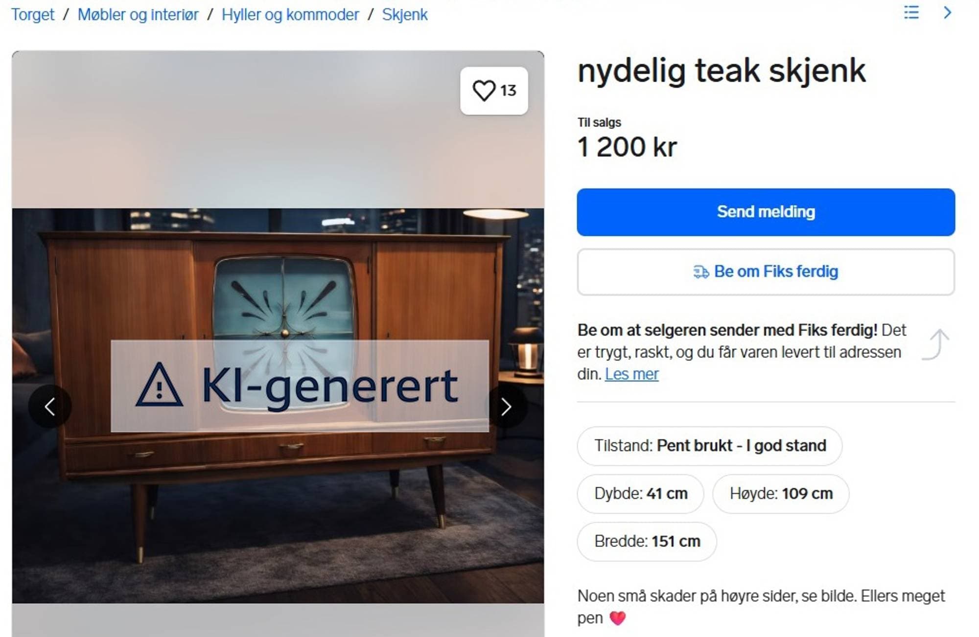 Finnannonse - Teak skjenk KI med merking