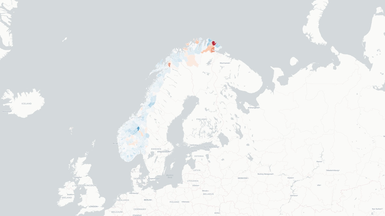 Bevegelsesdata fra Telenor Research torsdag 12. mars 2020 per kommune (bredde)