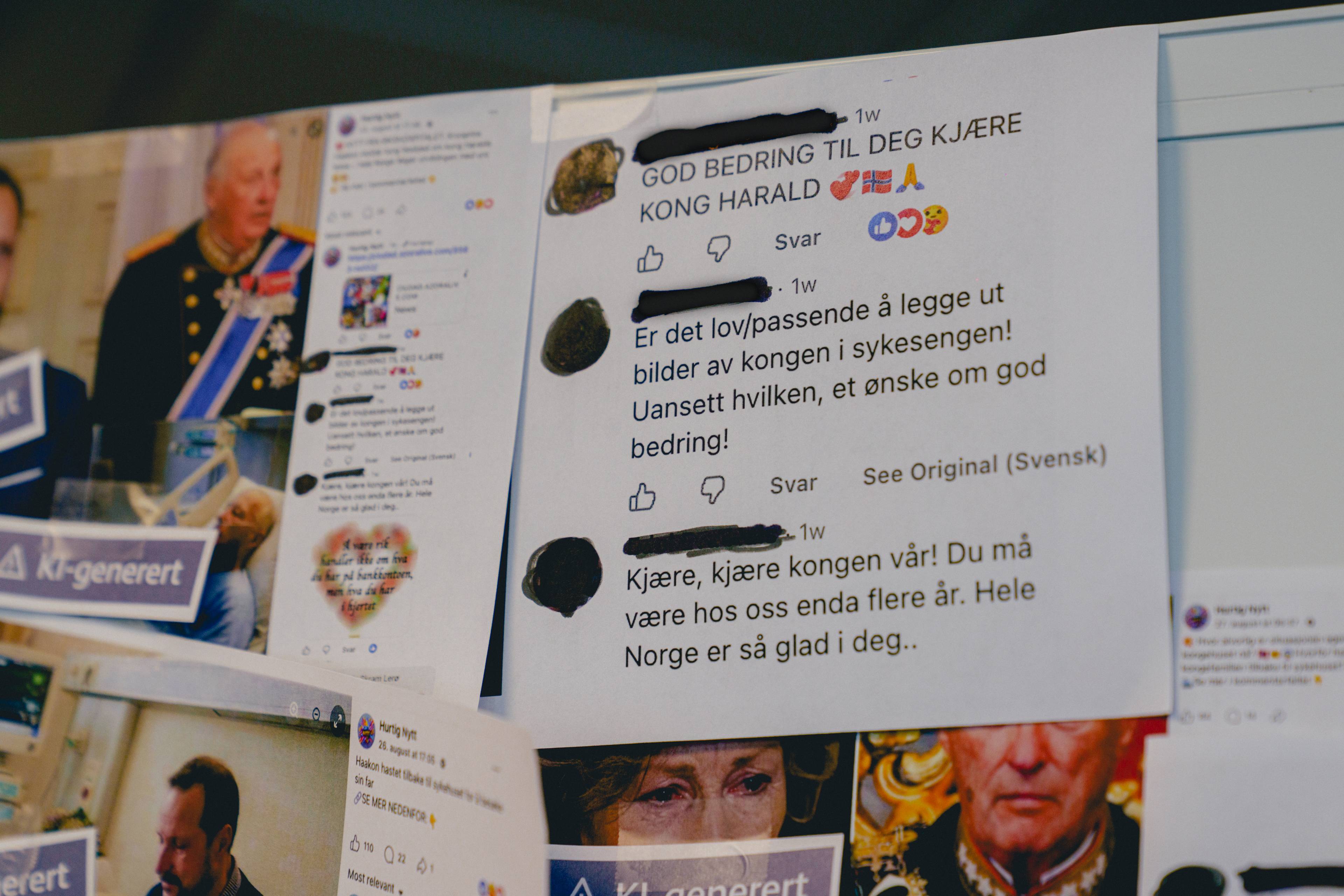 En tavle med utskrifter av innlegg publisert på Facebook. Lapper med "KI-generert" er teipet over flere av bildene som ser ut til å vise kong Harald, kong Haakon, dronning Sonja, og dronning Mette-Marit sterkt preget i det som ser ut som ulike situasjoner