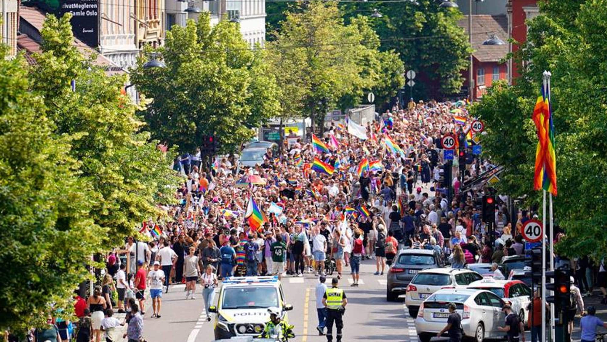 Bilde fra prideparaden som ble holdt mot politiets anbefalinger i fjor sommer. Bildet viser hundrevis av folk som går nedover en gate i Oslo sentrum. De bærer regnbueflagg og går mot kameraet. På sidene er grønne trær foran toget er politibiler og politifolk. Det er sol.
