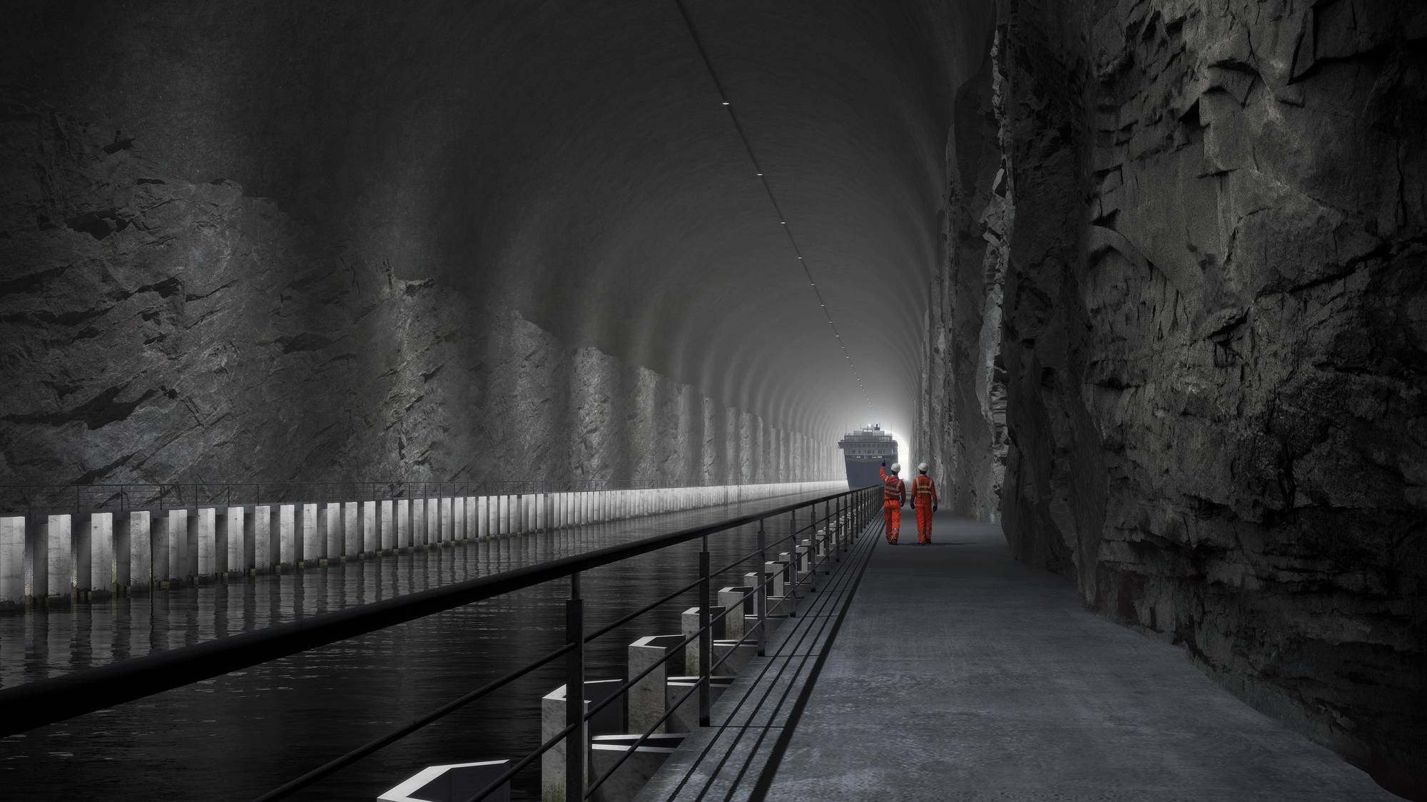 Illustrasjon av to personer i verneutstyr i en skipstunnel med et skip i bakgrunnen. (Bildebeskrivelsen er laget av en KI-tjeneste)