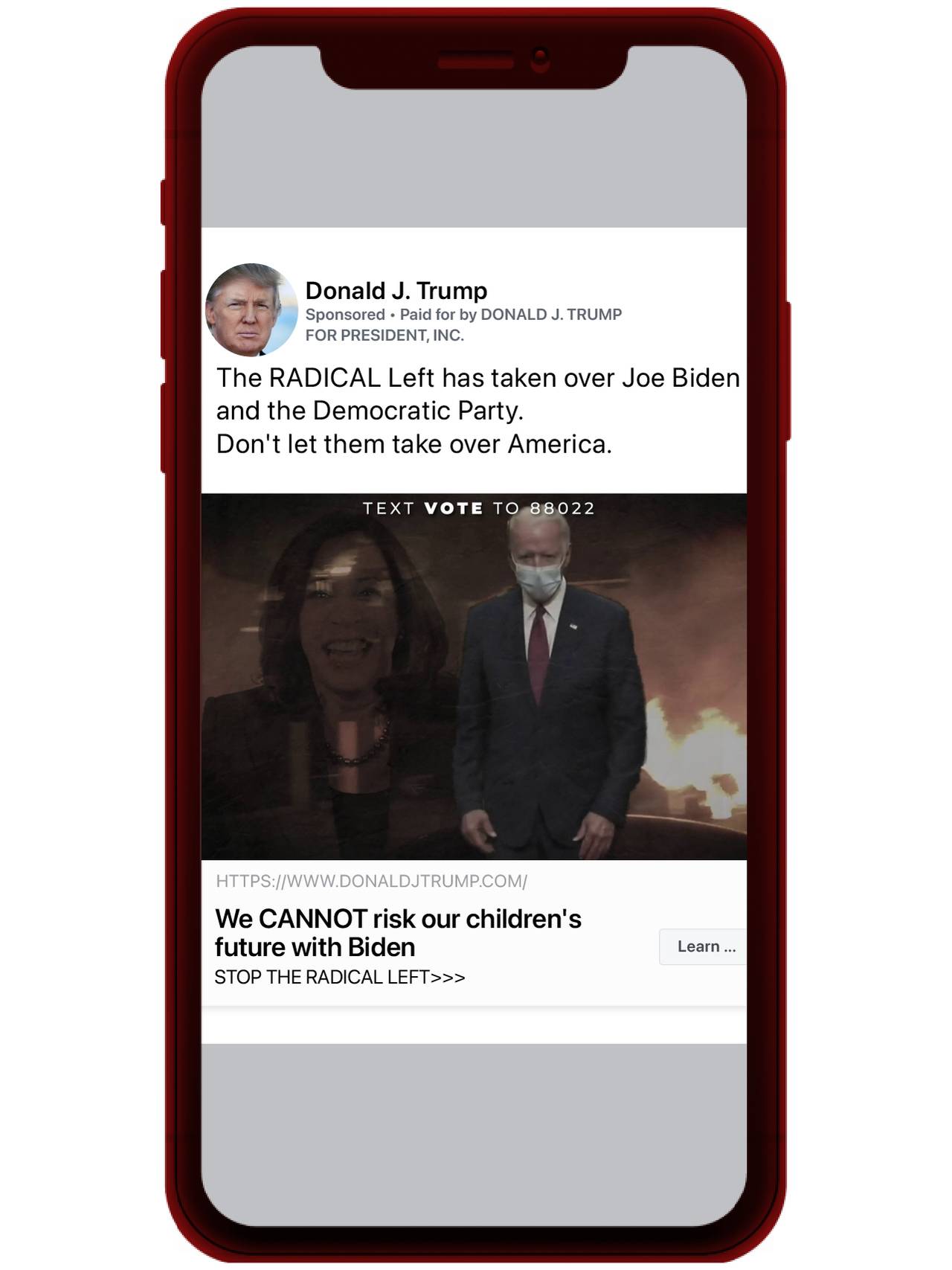 Grafikk av en mobil med Negativ reklame om Biden fra Trump