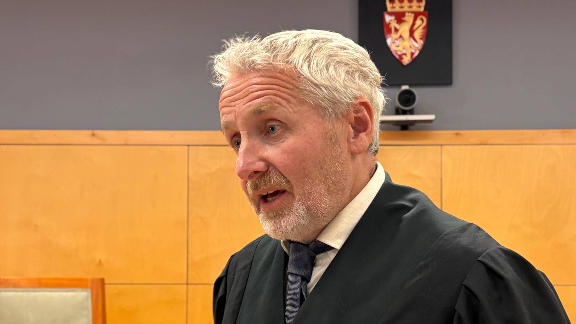 Advokat i kappe blir intervjuet foran riksvåpenet i en rettssal. (Bildebeskrivelsen er laget av en KI-tjeneste)